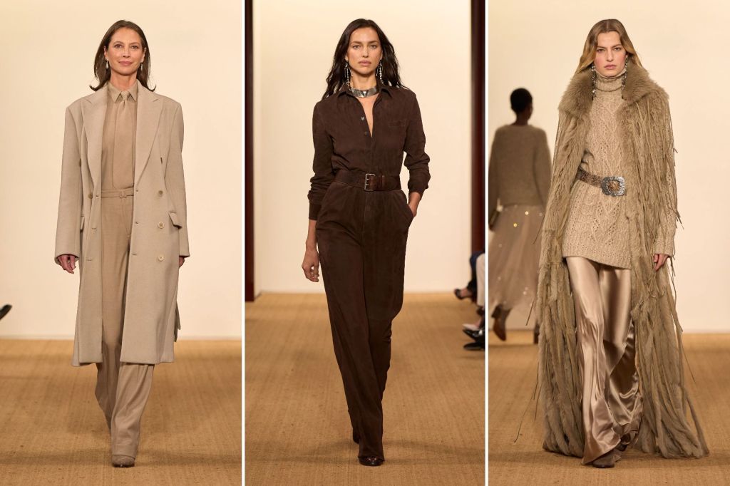 Collage of three looks from Ralph Lauren's Holiday show, including supermodels Christy Turlington and Irina Shayk.