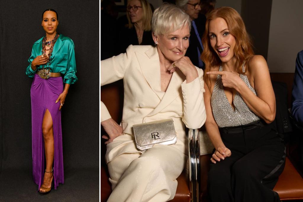 Side-by-side of Kerry Washington and actresses Jessica Chastain and Glenn Close, seated next to each other at Ralph Lauren's holiday show.