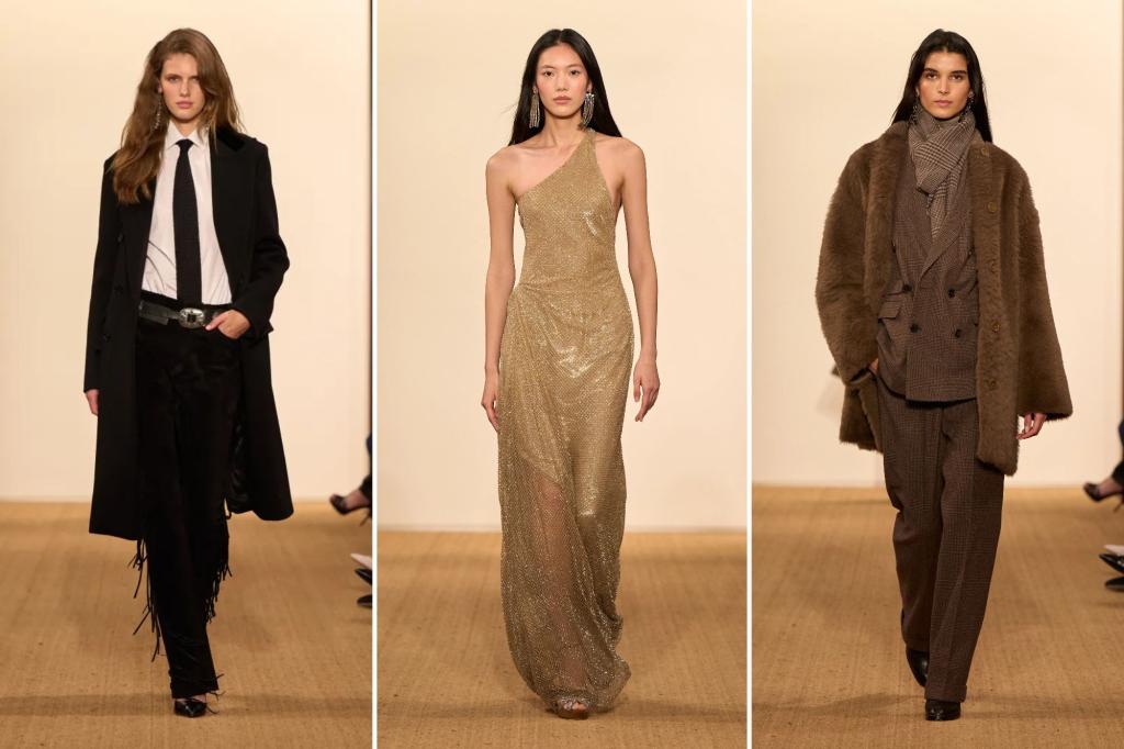 Collage of three Ralph Lauren looks, including a black and white suit with fringe, a gold dress, and a brown layered look.