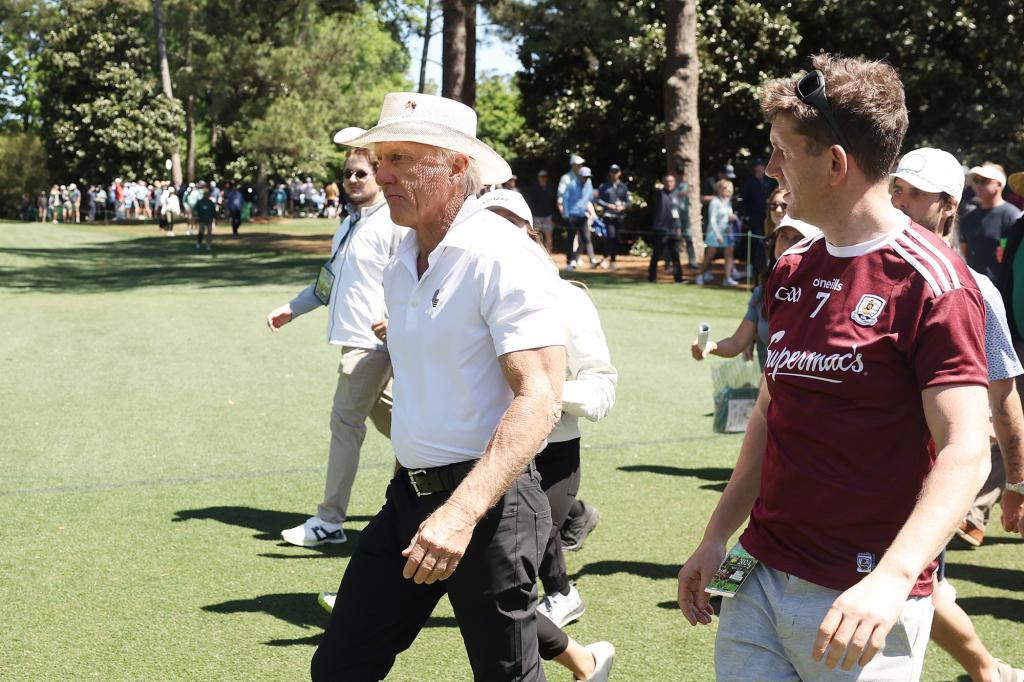 Greg Norman walked the Augusta National course with patrons during the 2024 Masters.