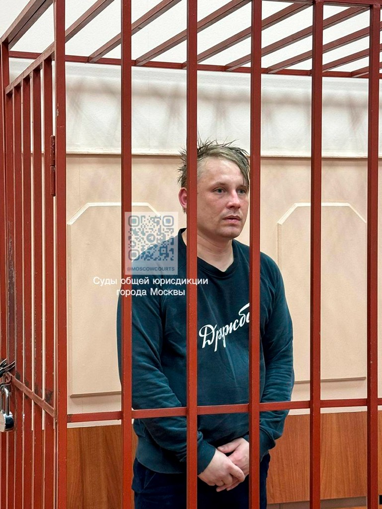 Russian journalist Konstantin Gabov attends a court hearing in Moscow on April 27, 2024.