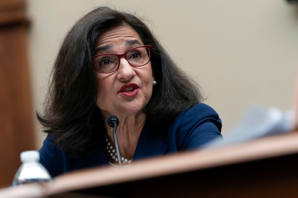 Columbia University president Nemat "Minouche" Shafik testifying at a House Committee on Education and the Workforce hearing on April 22, 2024.