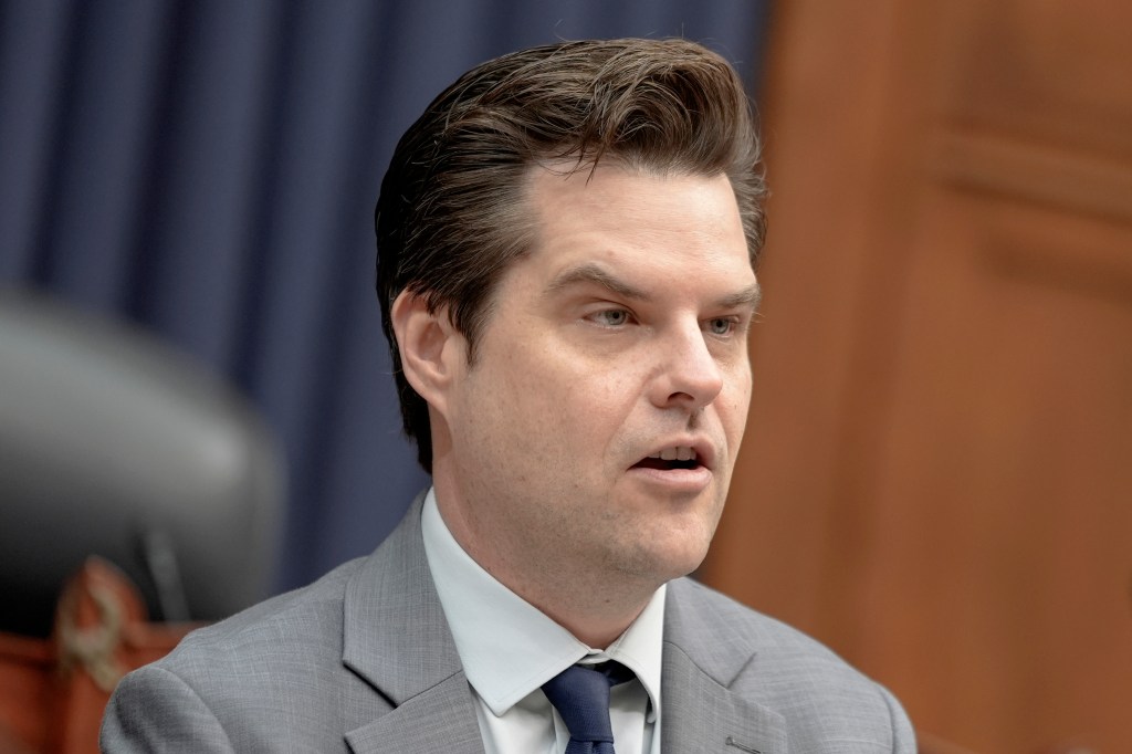 Rep. Matt Gaetz, R-Fla, in a suit and tie, asking questions during a House Committee on Armed Services Subcommittee hearing on Capitol Hill