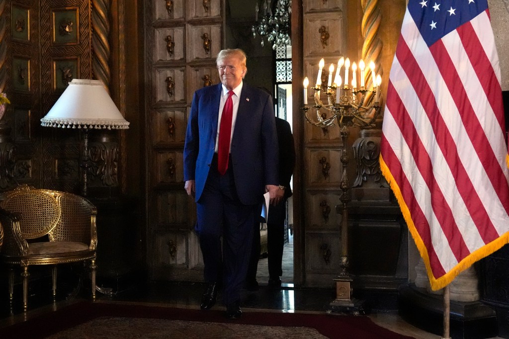 Former President Donald Trump arriving to speak at a news conference with Speaker of the House Mike Johnson at Mar-a-Lago, Palm Beach, 2024