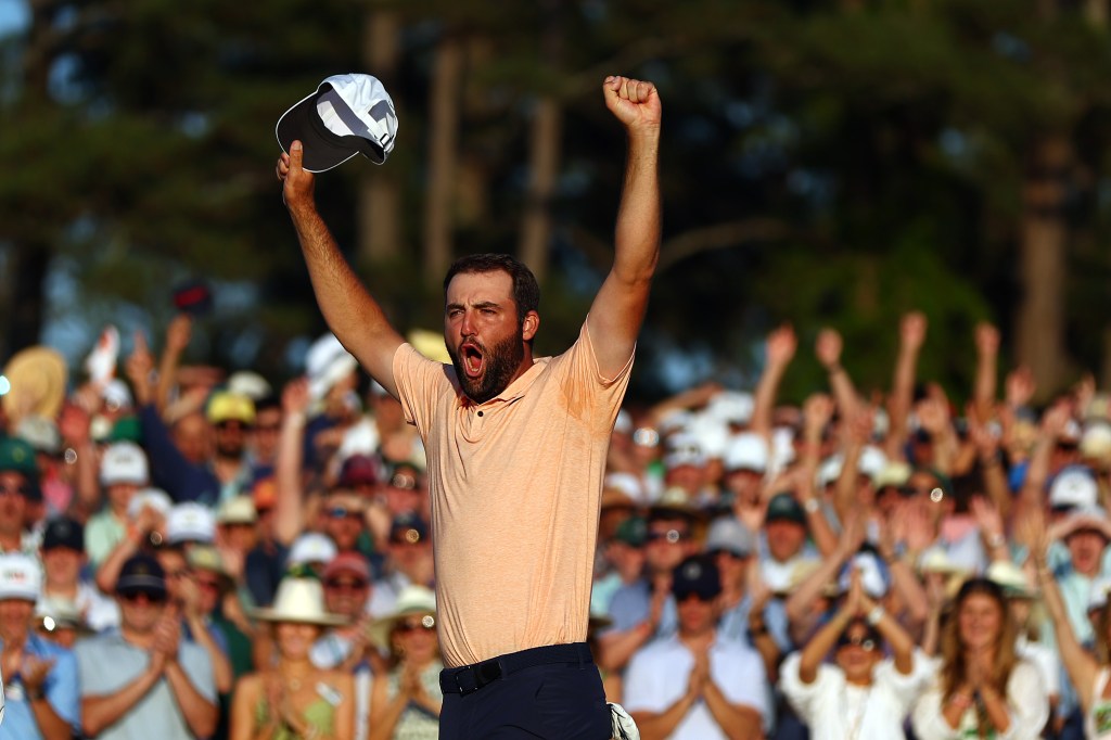 Scottie Scheffler celebrated after his 2024 Masters win on April 14, 2024.