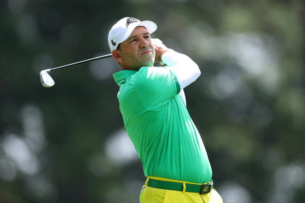 Sergio Garcia plays his shot from the fourth tee during the first round of the 2024 Masters on April 11, 2024.