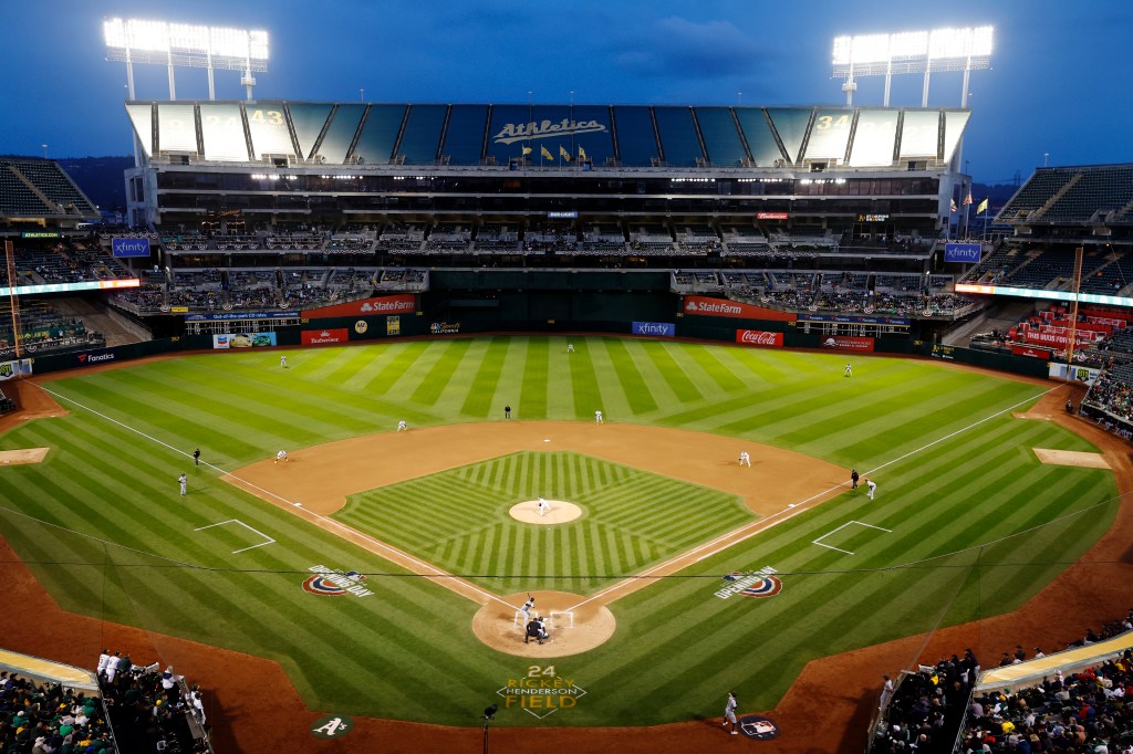 A general view of RingCentral Coliseum during the game between the Cleveland Guardians and the Oakland Athletics on Thursday, March 28, 2024.