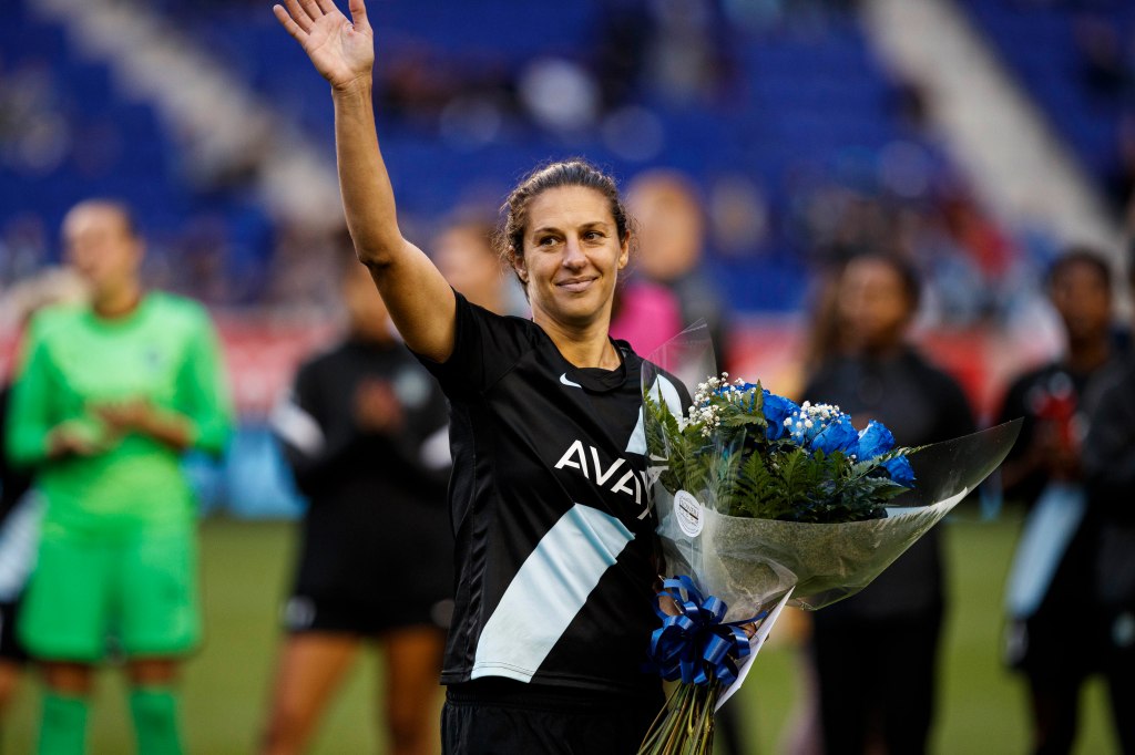 Carli Loyd #10 at her last match for Gotham FC against Racing Louisville FC at the Red Bulls Arena in Harrison, NJ, pictured on October 31, 2021.  