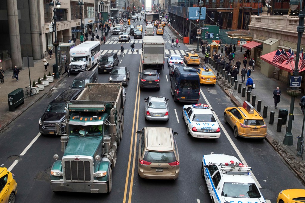 Traffic traverses 42nd Street near Grand Central Terminal, in New York, Jan. 11, 2018