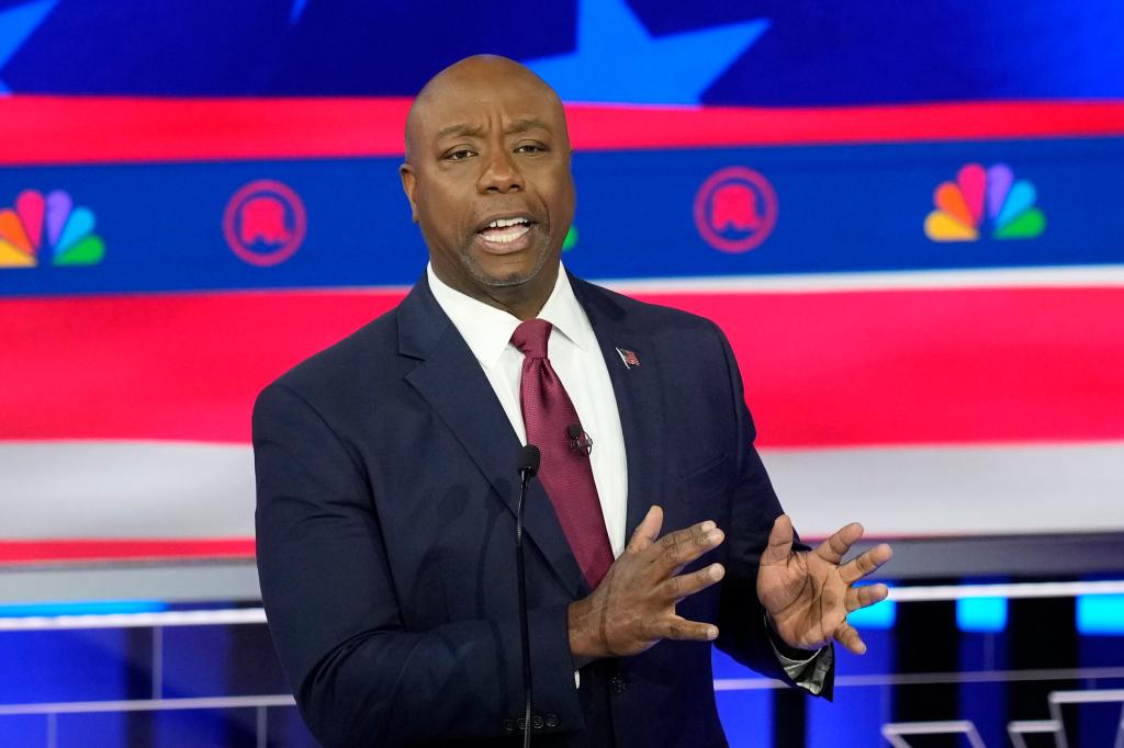 Sen. Tim Scott, vice presidential contender for 2024, speaking at a Republican primary debate in Miami, November 2023