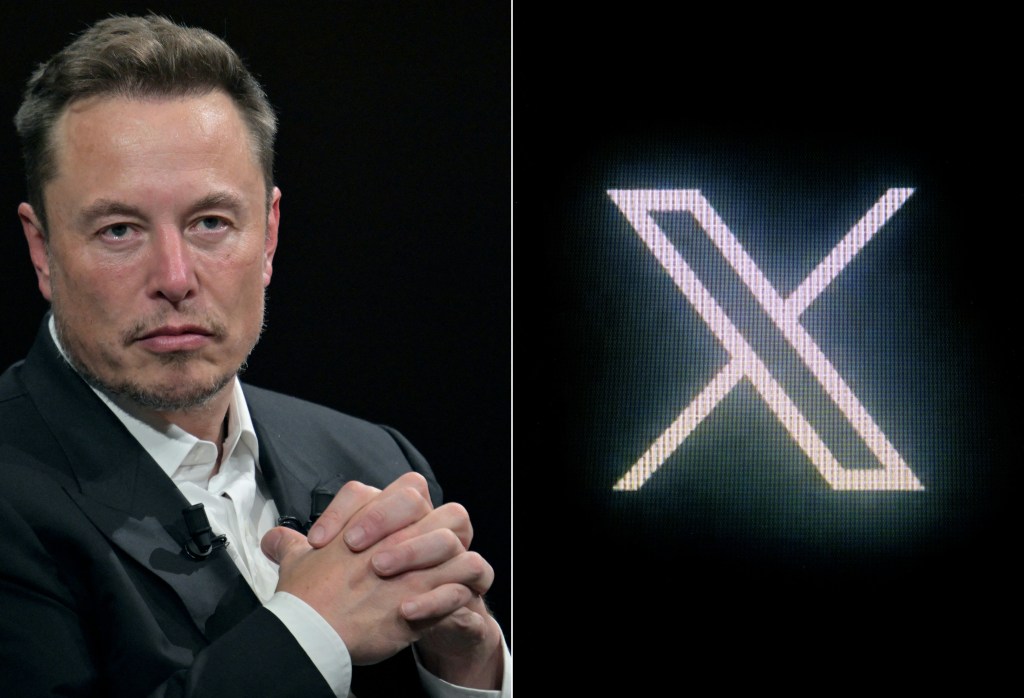 Elon Musk at the Vivatech technology startups and innovation fair in Paris, and the new Twitter logo, rebranded as X, displayed on a screen