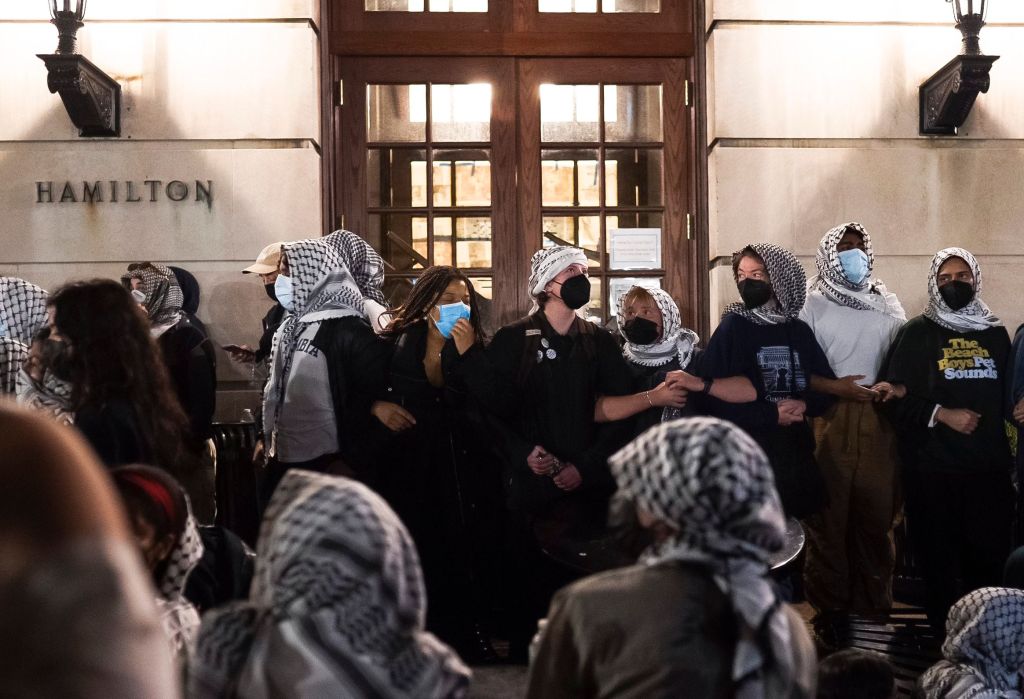 Pro-Palestinian protestors gather in front of Hamilton Hall at Columbia University in New York on April 30th, 2024.