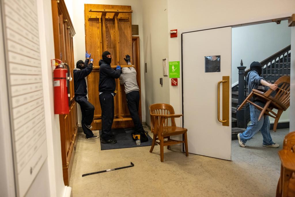 Demonstrators supporting Palestinians in Gaza barricade themselves inside Hamilton Hall on April 30, 2024 in New York City.