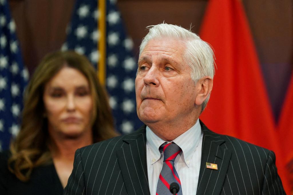 Bruce Blakeman making an announcement about a ban on transgender girls and women in sports, with Caitlyn Jenner at press conference, New York