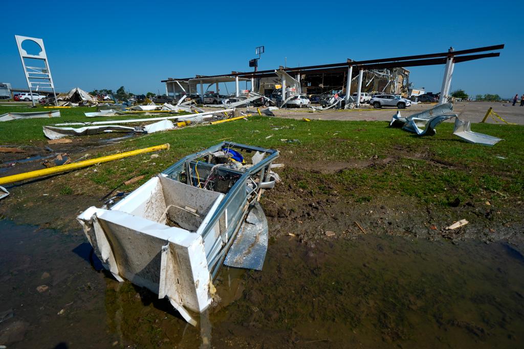 A gas pump that was torn out of the ground by the tornado that tore through Texas.