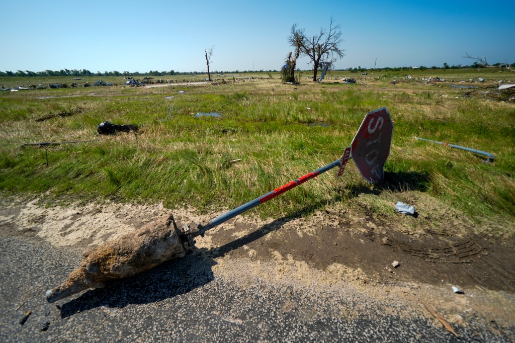 A stop sign from Valley View that was dug up by the powerful winds.