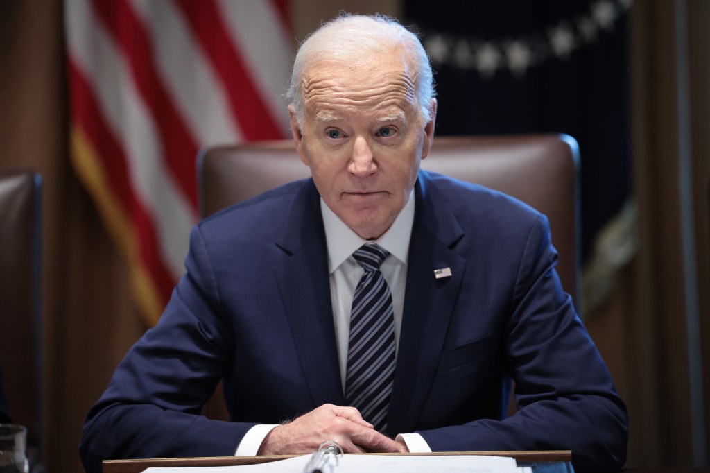 President Joe Biden delivers remarks while meeting with the Joint Chiefs and Combatant Commanders in the Cabinet Room of the White House May 15, 2024 in Washington, DC. 