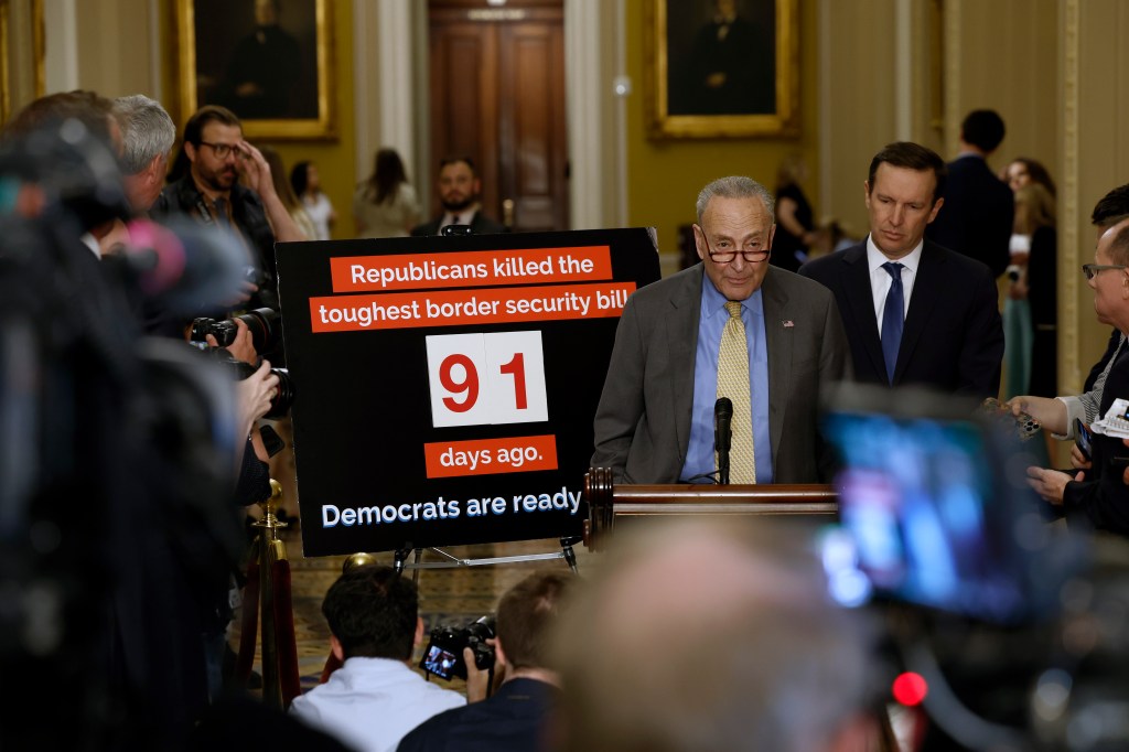 Senate Majority Leader Chuck Schumer (D-NY) speaks during a news conference following a Senate Democrat party policy luncheon at the U.S. Capitol Building on May 08, 2024 in Washington, DC.