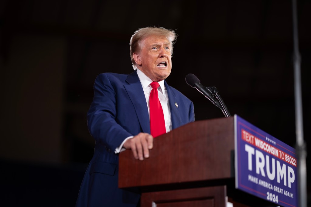 Former U.S. President Donald Trump speaks at a campaign rally on May 01, 2024 in Waukesha, Wisconsin.