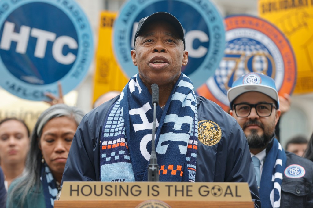 New York City Mayor Eric Adams delivers remarks at New York City Football Clubs (NYCFC) rally in support of the Willets Point Transformation, which will bring 100 percent affordable housing, economic activity, and New York City first-ever soccer-specific stadium to Queens. 