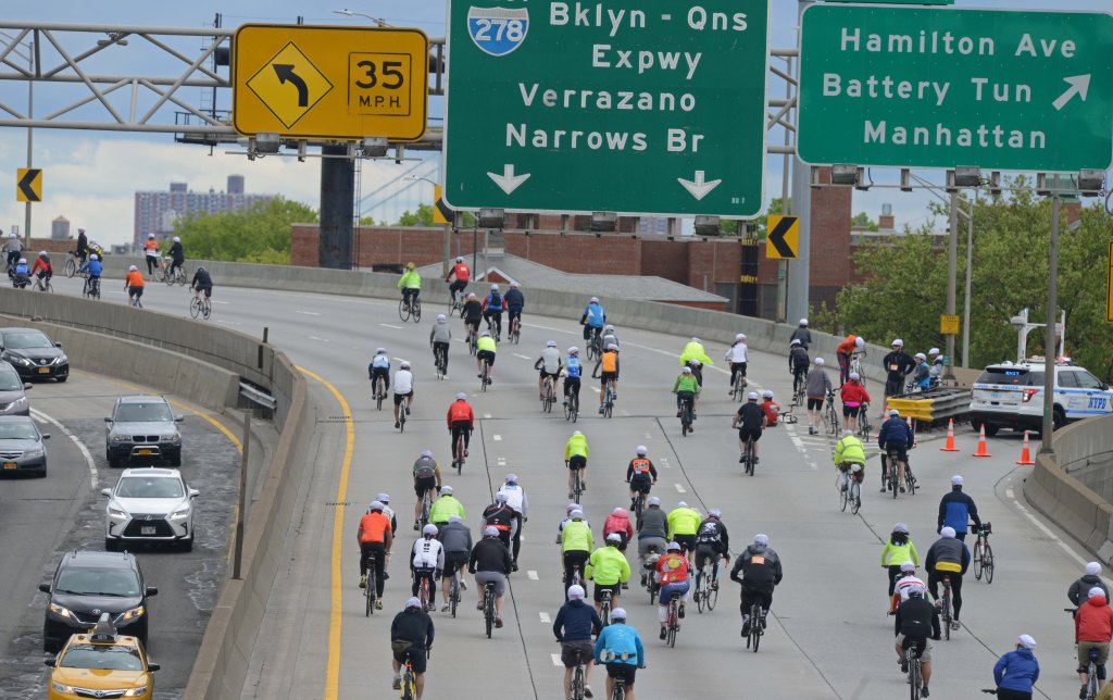 Bikers enjoy a car freen stretch on the BQE near the Hamilton Avenue exit