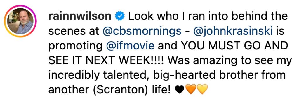 Rainn Wilson's instagram caption. 