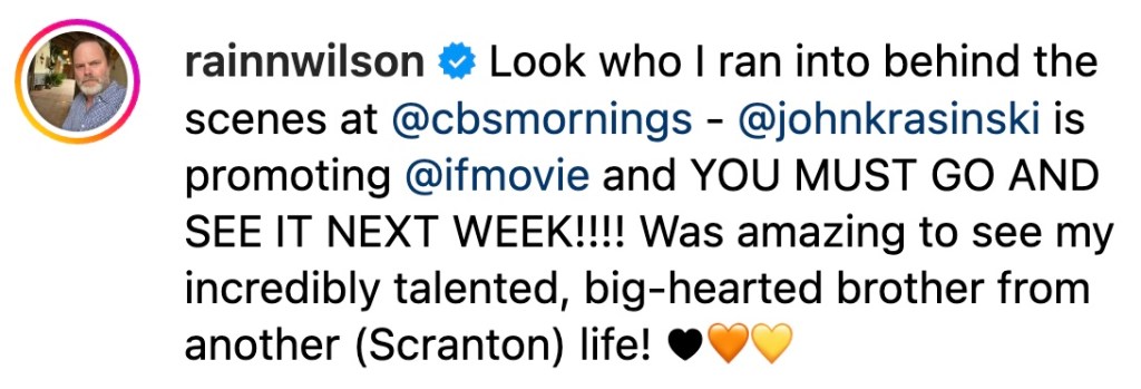 Rainn Wilson's instagram caption. 