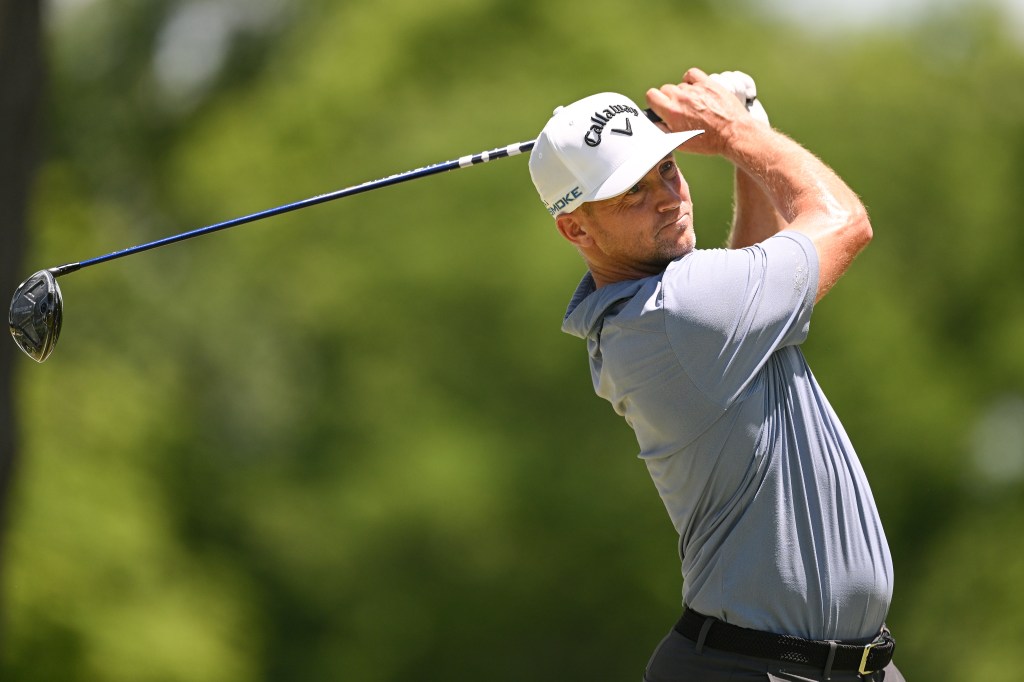 Alex Noren of Sweden plays his shot from the 12th tee during the final round of the 2024 PGA Championship at Valhalla Golf Club on May 19, 2024 in Louisville, Kentucky. 