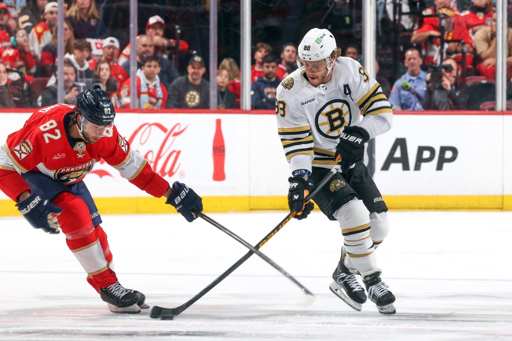 Bruins wing David Pastrňák dangles past Panthers forward Kevin Stenlund in Game 2. 