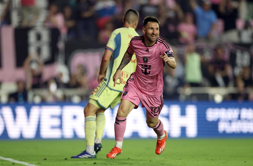 Lionel Messi celebrates after scoring a goal during the Red Bulls' 6-2 loss to Inter Miami.