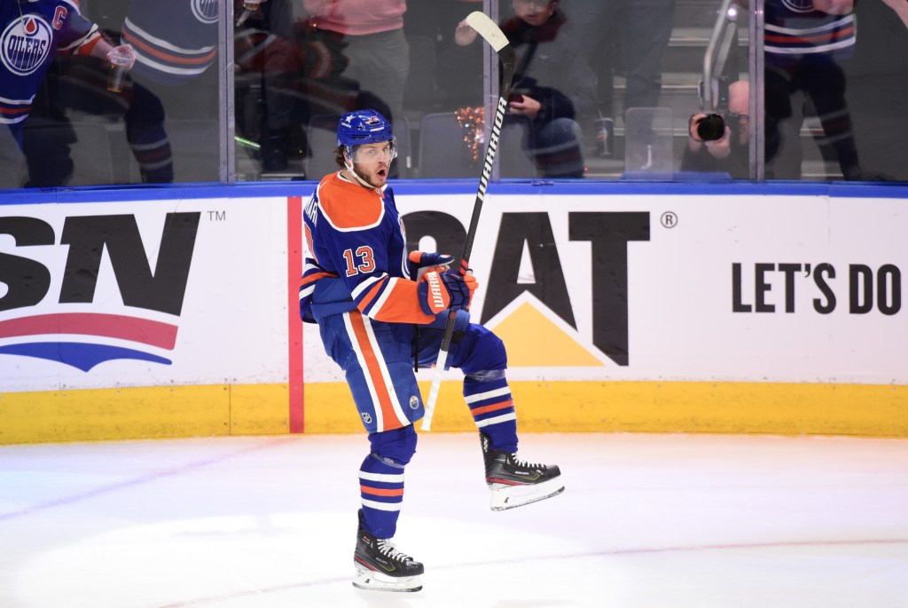 Mattias Janmark celebrates after scoring the go-ahead goal in the Oilers' Game 4 win.