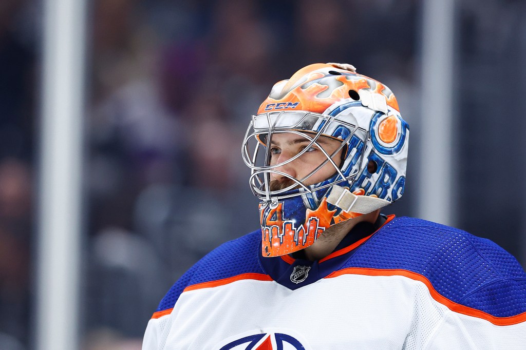 Stuart Skinner #74 of the Edmonton Oilers in goal against the Los Angeles Kings in the second period during Game Four of the First Round of the 2024 Stanley Cup Playoffs at Crypto.com Arena on April 28, 2024 in Los Angeles, California.