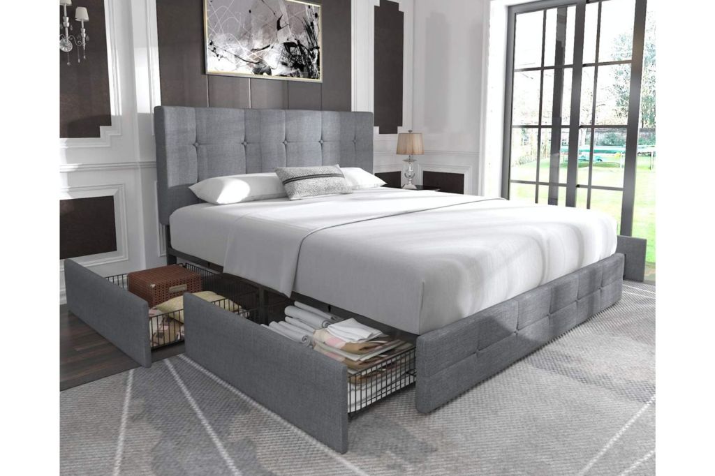 A modern bedroom set, featuring a bed with bottom storage.