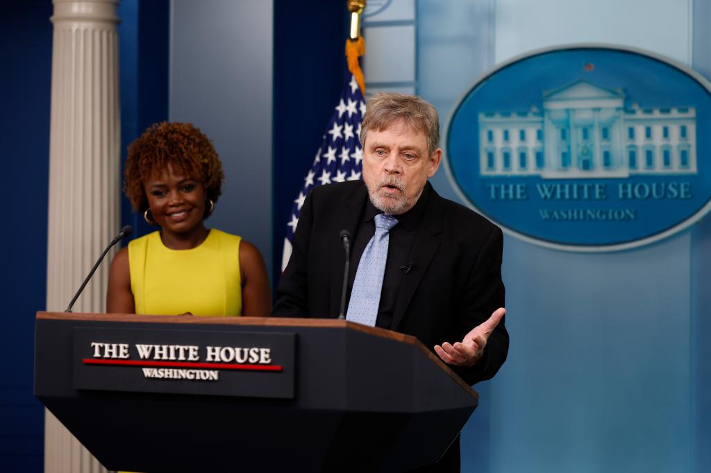 Actor Mark Hamill joins White House Press Secretary Karine Jean-Pierre at the daily press briefing at the White House on May 03, 2024 in Washington, DC.