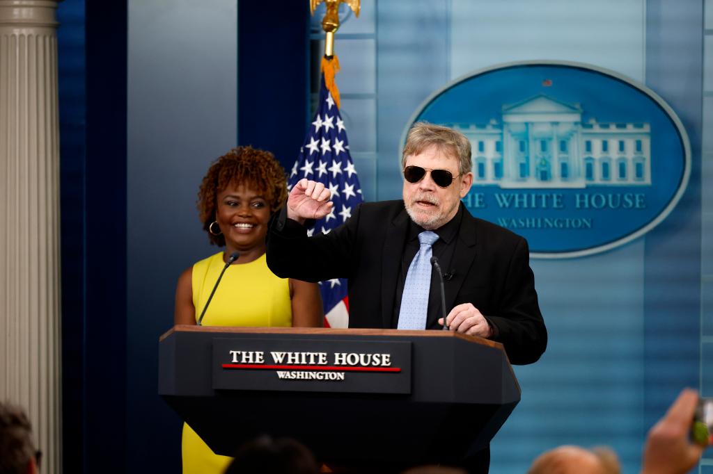 Actor Mark Hamill joins White House Press Secretary Karine Jean-Pierre at the daily press briefing at the White House on May 03, 2024 in Washington, DC.