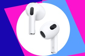 A pair of white earbuds