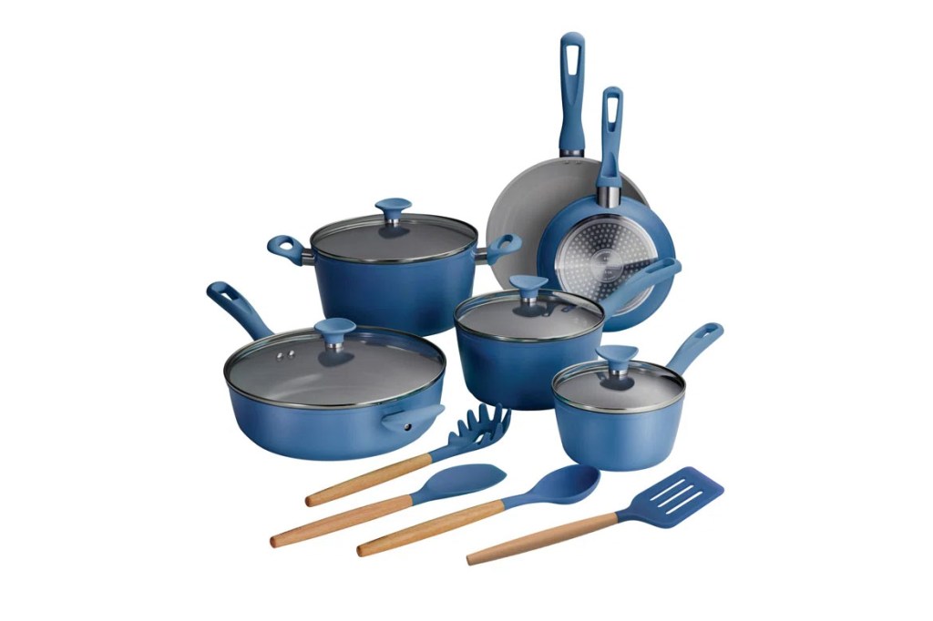 A group of blue pots and pans