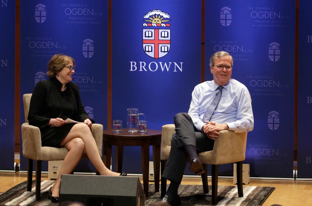 Brown President Christina Paxson (here with Jeb Bush in 2018) has been vocal in condemning campus protestors who shut down free speech.