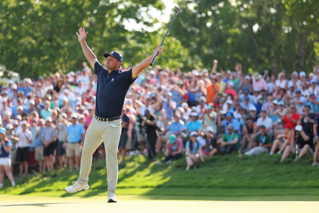 Bryson DeChambeau of the United States reacts on the 18th green during the final round of the 2024 PGA Championship at Valhalla Golf Club.