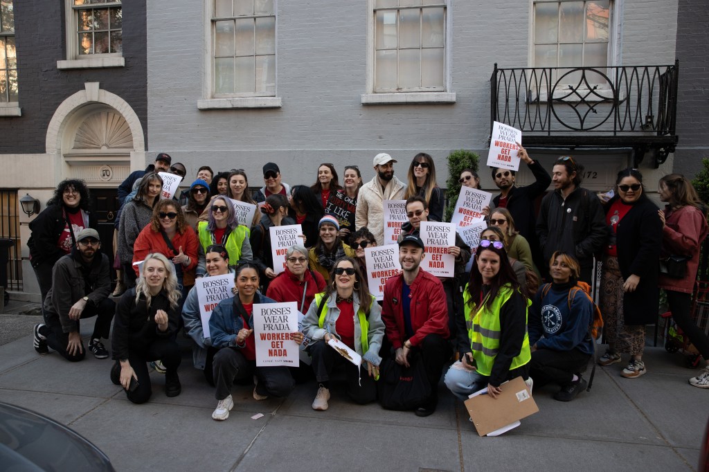 Conde Nast union members are seen rallying in front of Anna Wintour's house on Sullivan St. in Manhattan