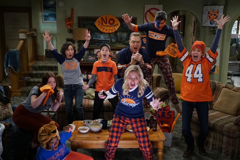 Emma Kenney, Sara Gilbert, Ames McNamara, John Goodman,  Michael Fishman,  Lecy Goranson, and Laurie Metcalf on "The Conners." 