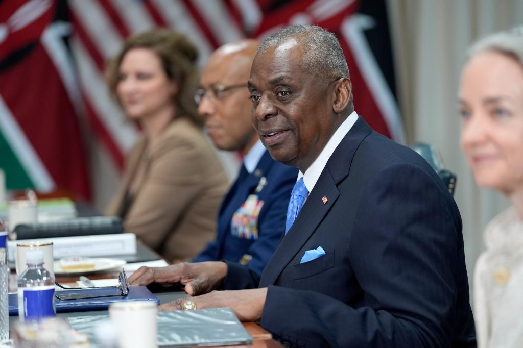 Defense Secretary Lloyd Austin speaks during a meeting with Kenya's President William Ruto, not pictured, at the Pentagon in Washington, Friday, May 24, 2024