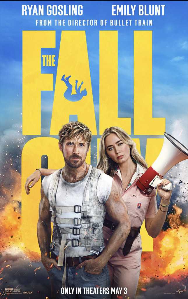 Billboard ad for "The Fall Guy" movie with Ryan Gosling at left, and Emily Blunt at right.