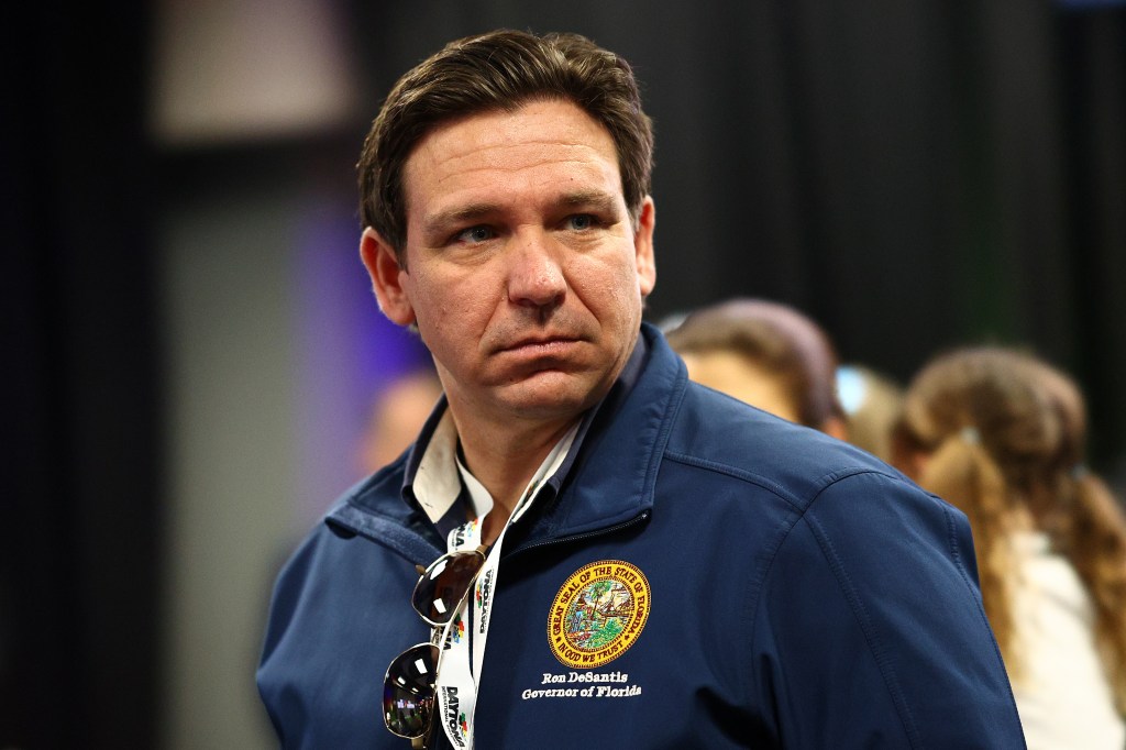 Florida Governor Ron DeSantis attends the drivers meeting prior to the NASCAR Cup Series Daytona 500 at Daytona International Speedway on February 19, 2024 in Daytona Beach, Florida.