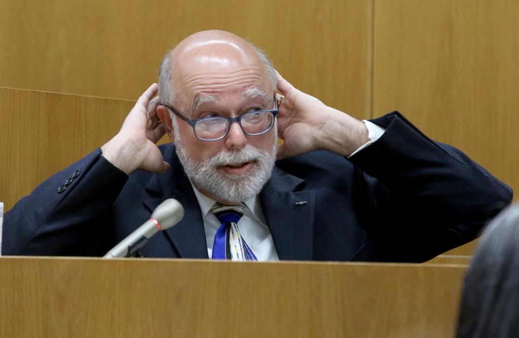 Forensic Pathologist Dr. Thomas A. Andrew descibes injuries to Corey Micciolo's head during Christopher Gregor's trial before Superior Court Judge Guy P. Ryan in Toms River Wednesday, May 8, 2024