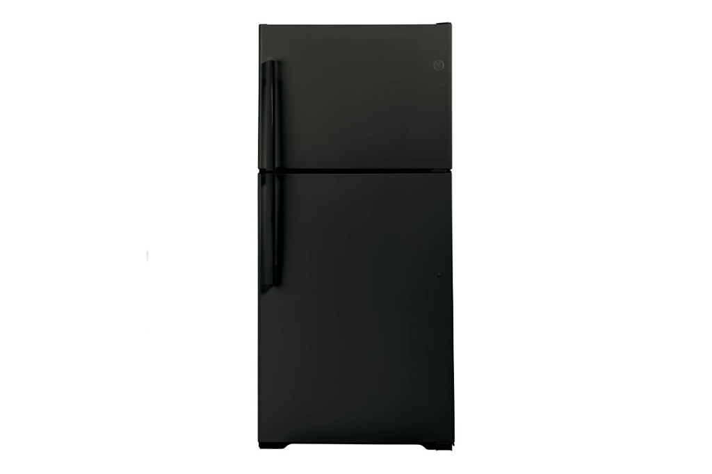 A black refrigerator with a handle