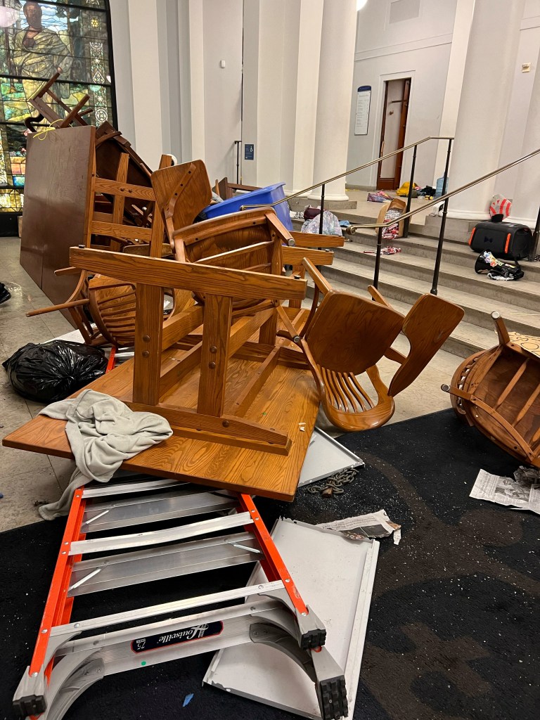 Columbia University's Hamilton Hall was left looking like a war zone after protestors smashed windows.