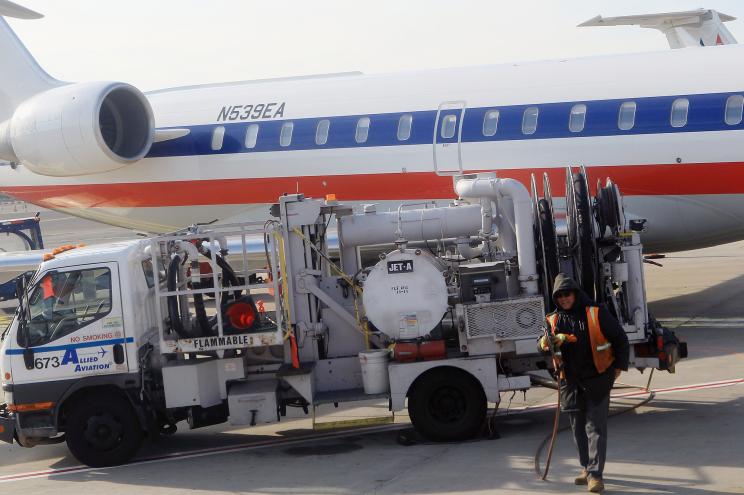 A general view of an American Airline plane being refeuled at JFK Airport