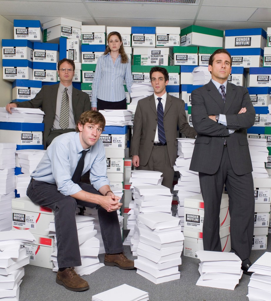 John Krasinski as Jim Halpert, Rainn Wilson as Dwight Schrute, Jenna Fischer as Pam Beesly, B.J. Novak as Ryan Howard, Steve Carell as Michael Scott -- NBC Photo: Mitchell Haaseth