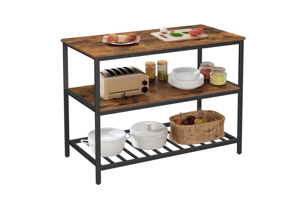 A kitchen cart stocked with various food items